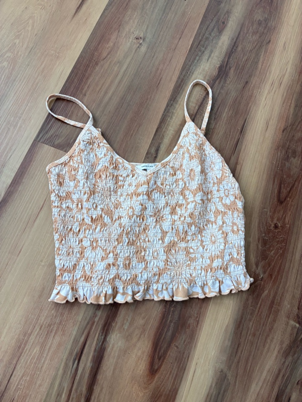 American Eagle Outfitters Peach and White Smocked Floral Cami